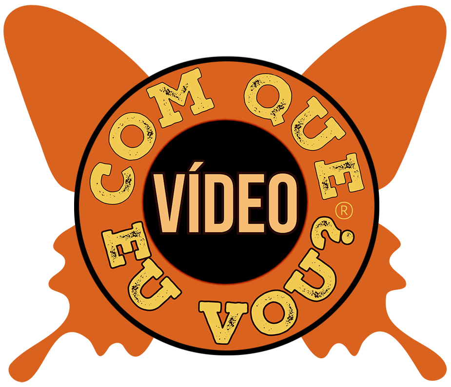 Logotipo dentro de uma borboleta laranja que abrigada uma uma lente com a palavra com que na parte superior, vídeo no centro da lente e eu vou? na parte inferior.